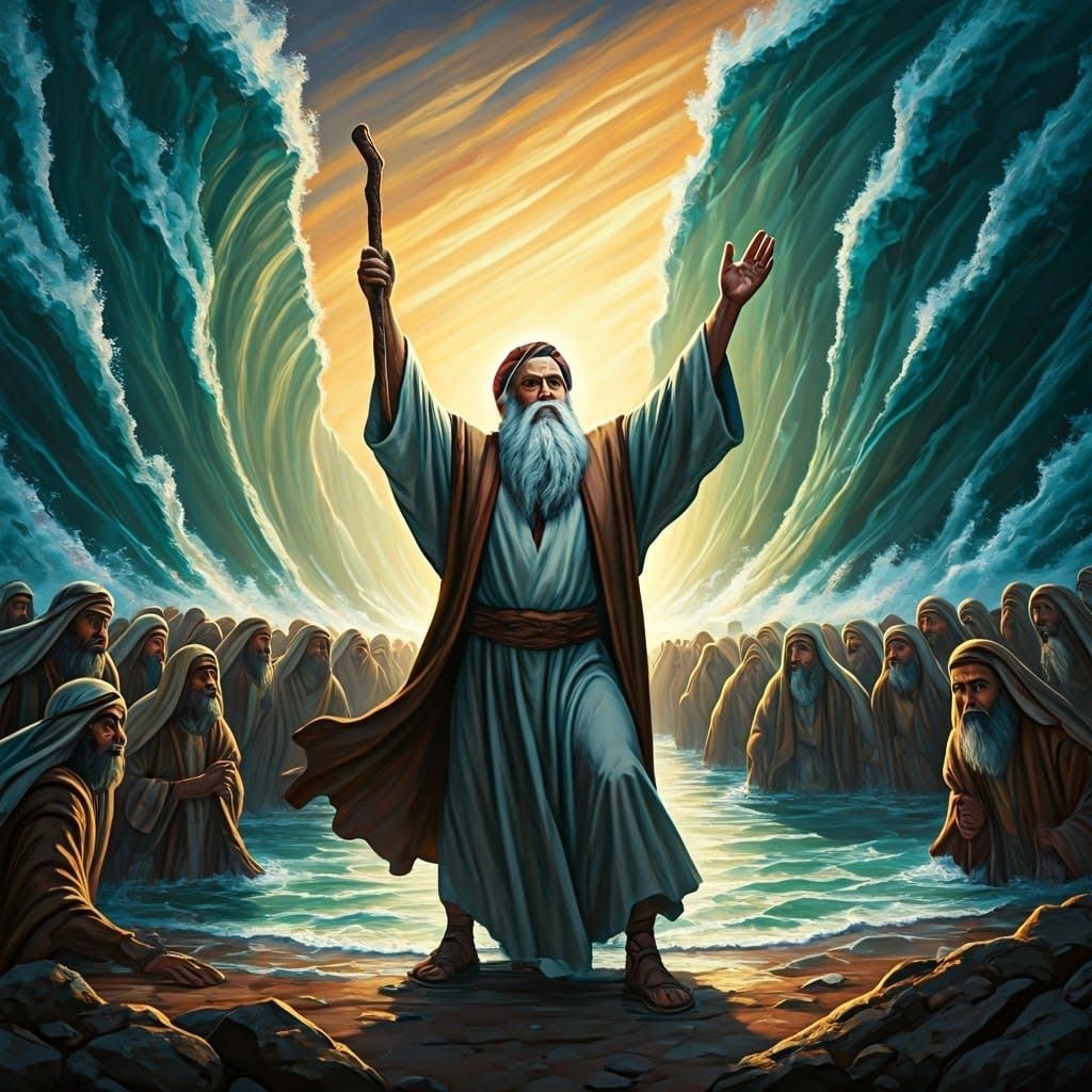 Moses Parts the Red Sea in Oil Painting Style