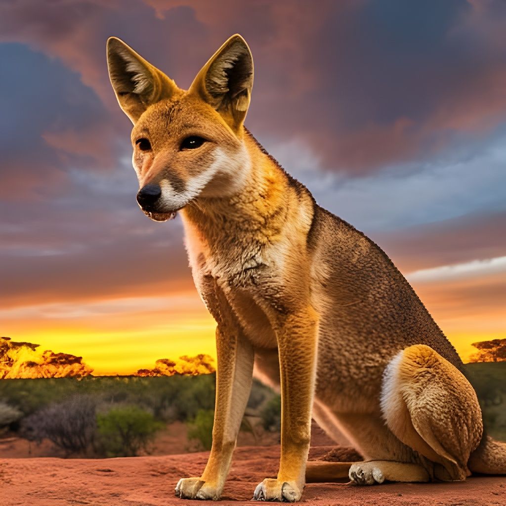 Desert Dingo Running at Sunset: Photorealistic Image