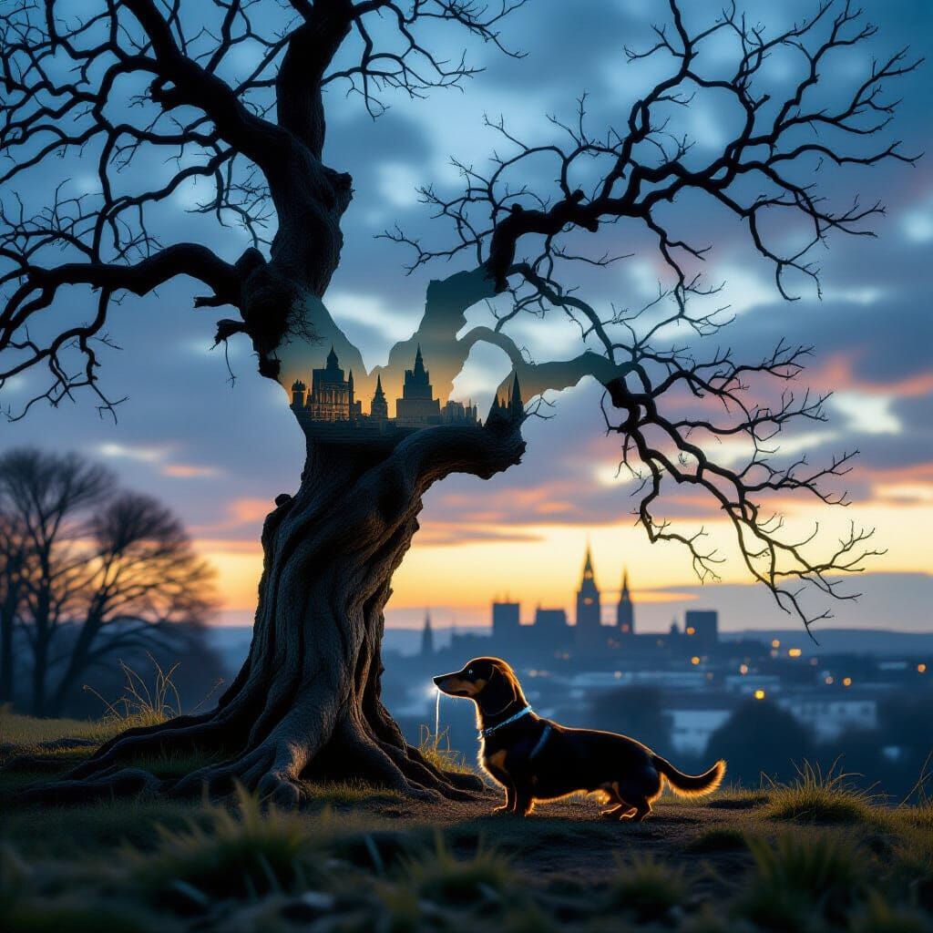 Dachshund Silhouetted Against Twilight Sky and Ghostly Citys...