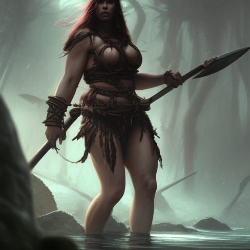 Female Barbarian in Prehistoric Jungle, Dark Fantasy Art