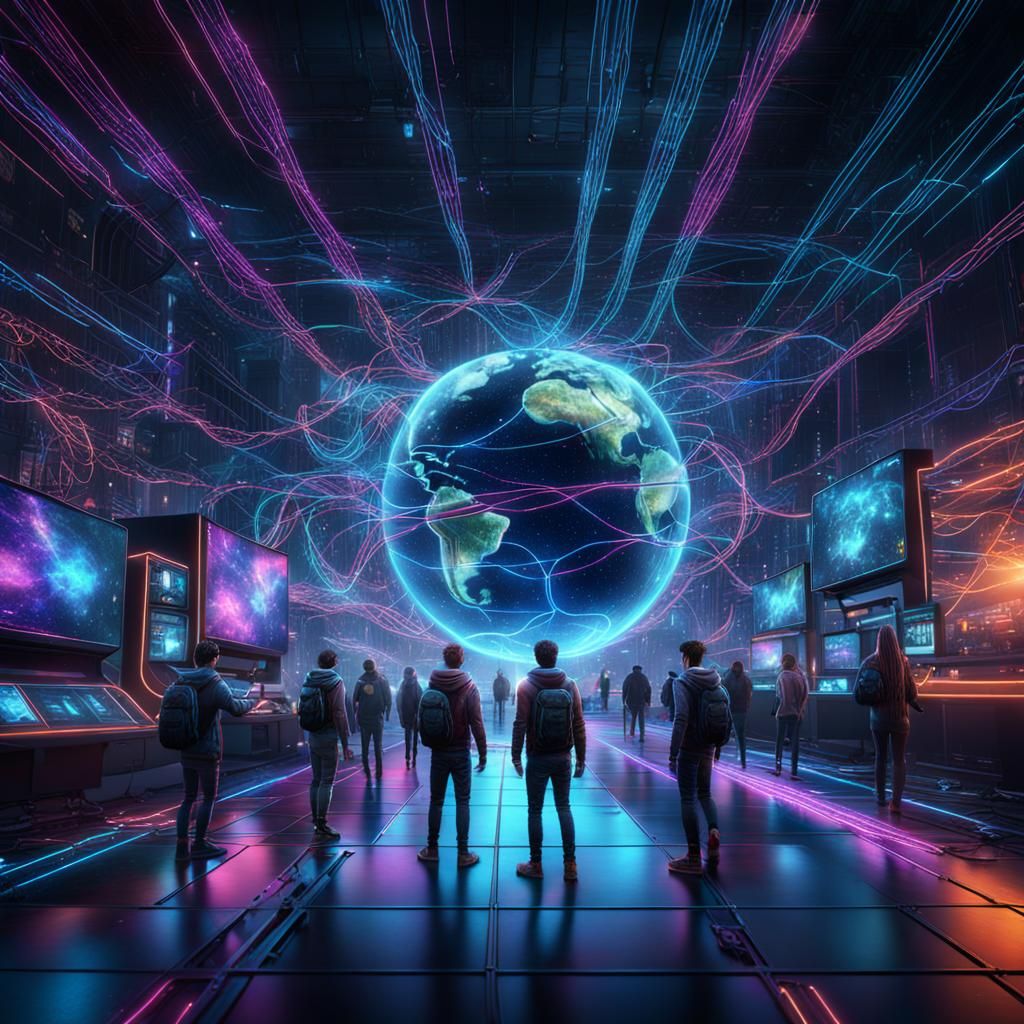 Global Internet Connection with Neon Digital Threads