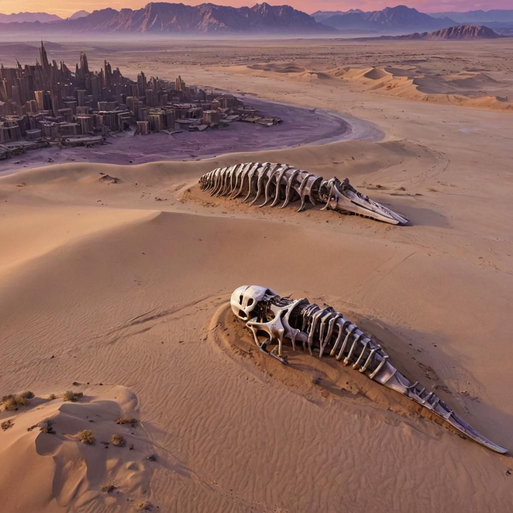 Cyberpunk Whale Skeleton in Desert City Ruins