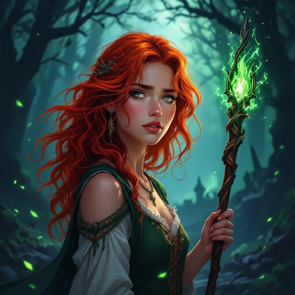 Fiery Red Haired Woman in Dark Forest