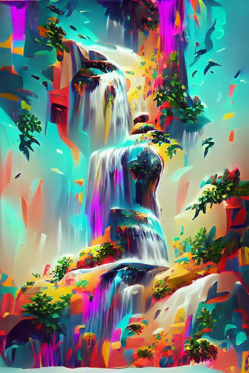 Colorful Waterfall Artwork in Maximalist Style