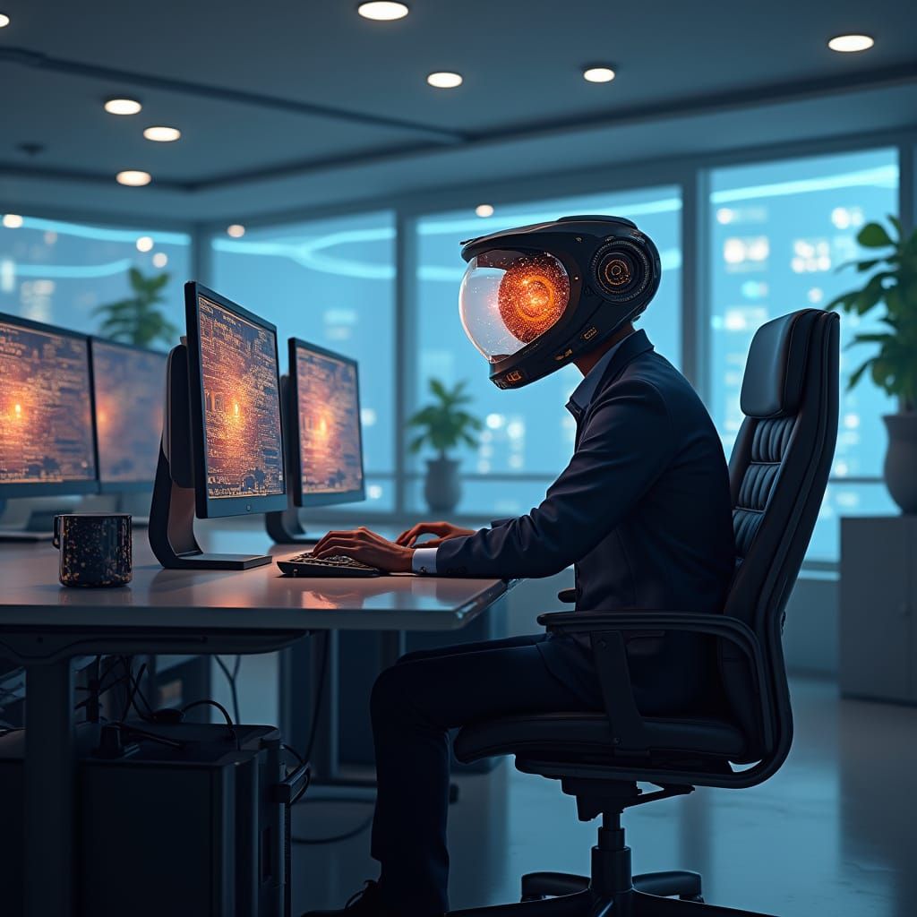 Cyberpunk Office Worker in Futuristic Desk Scene