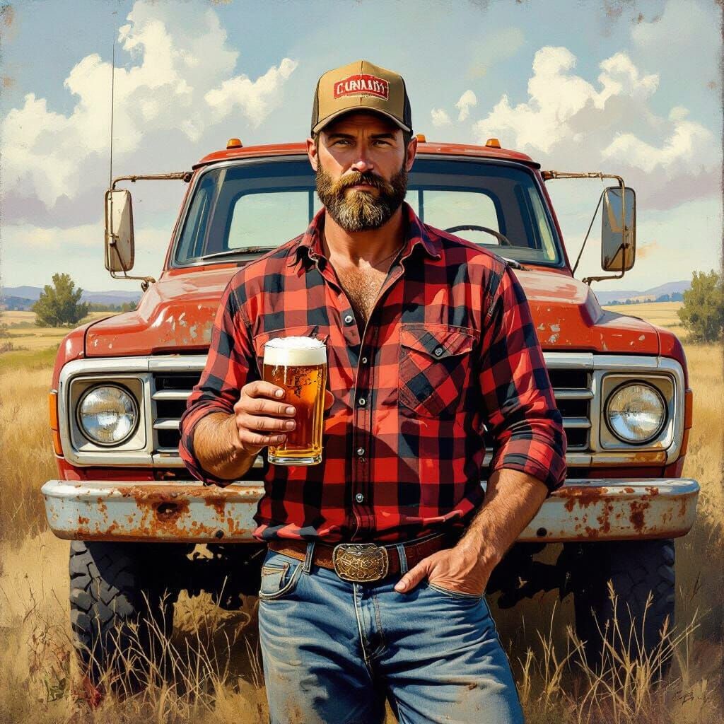Proud Man with Truck: Rustic Americana Art