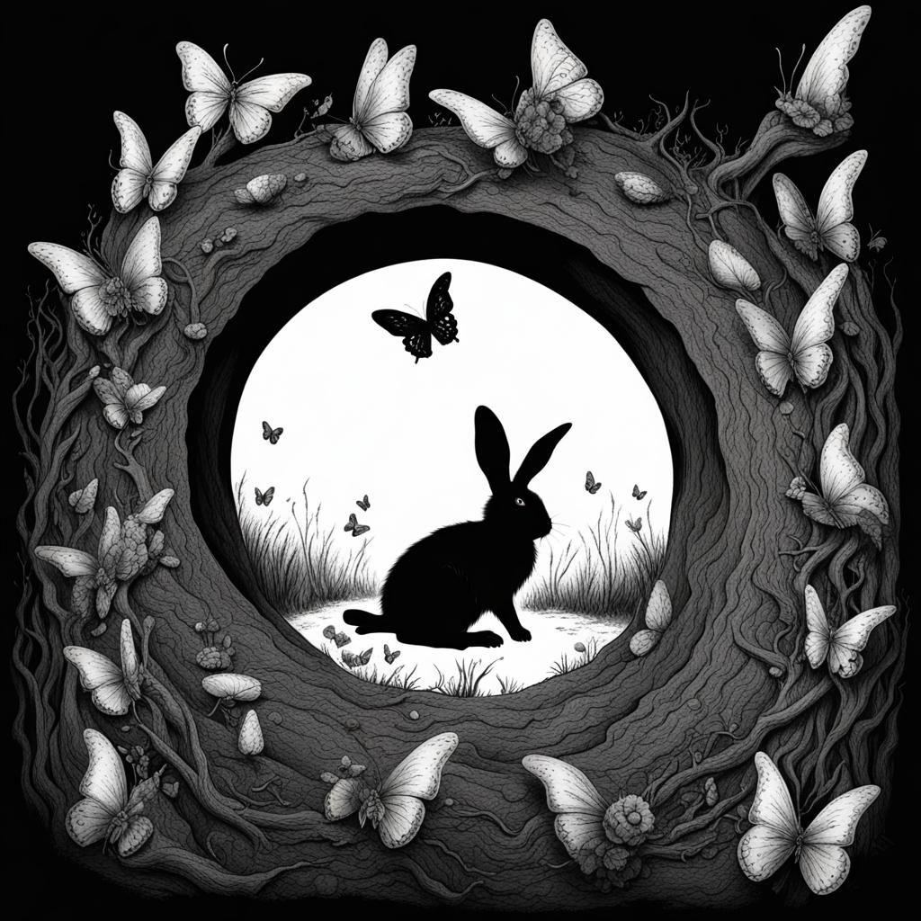 Ominous Rabbit Hole with Black Butterfly