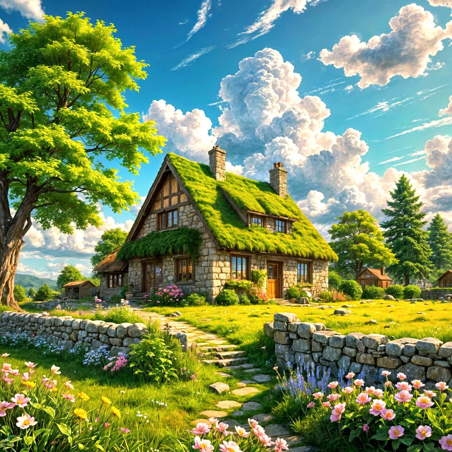 Spring countryside anime clouds background photorealistic ci...