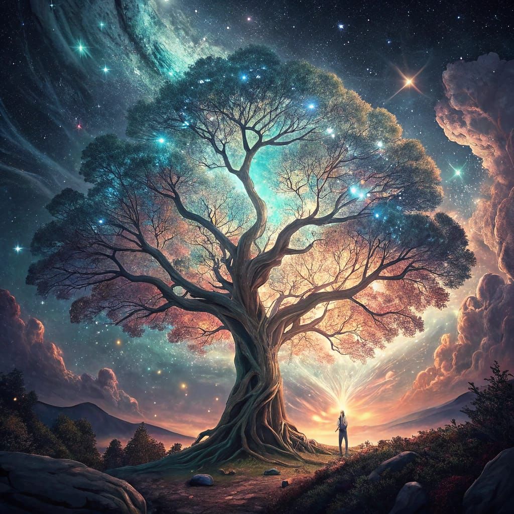 Celestial World Tree with Iridescent Leaves