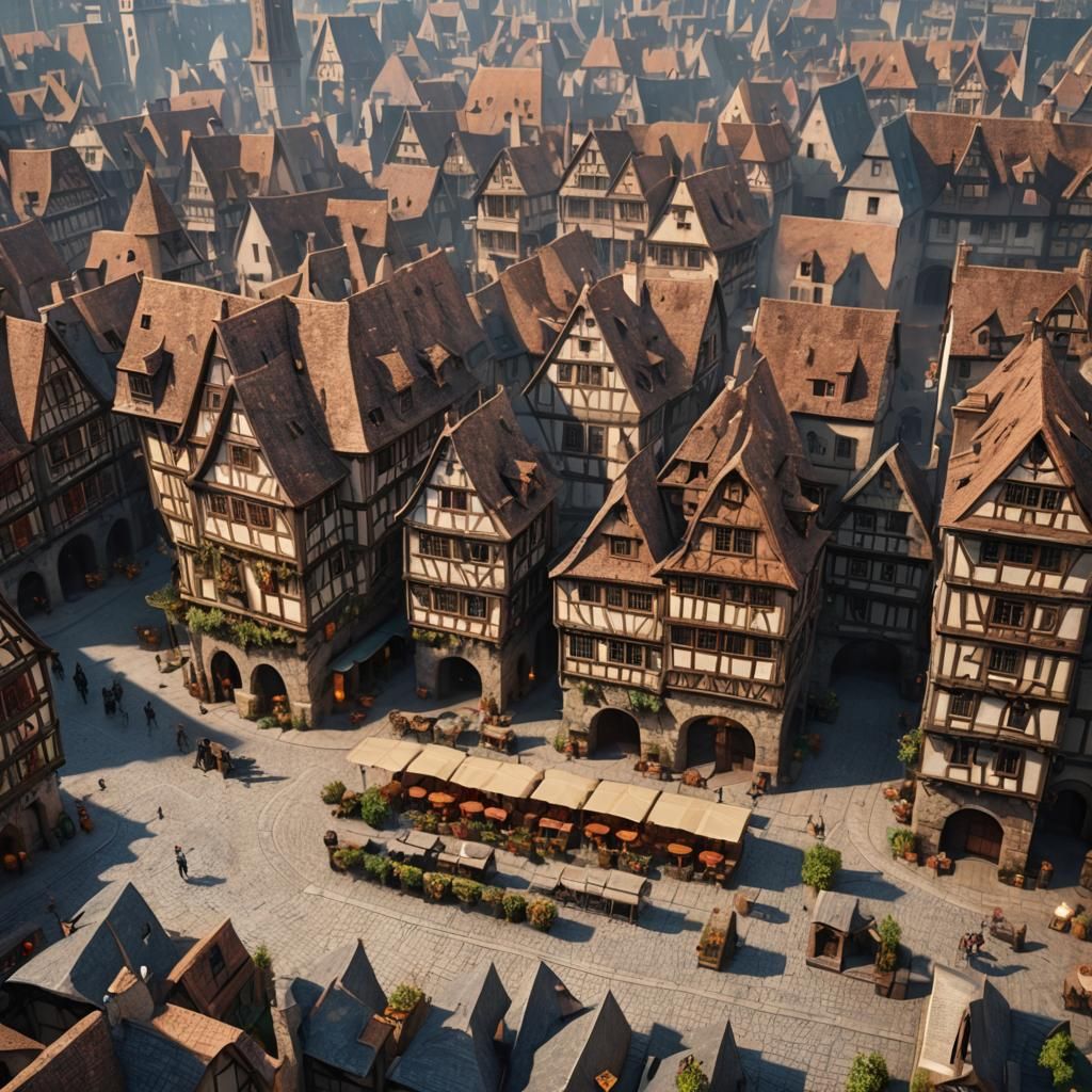 Medieval Strasbourg Town Square, Detailed Matte Painting