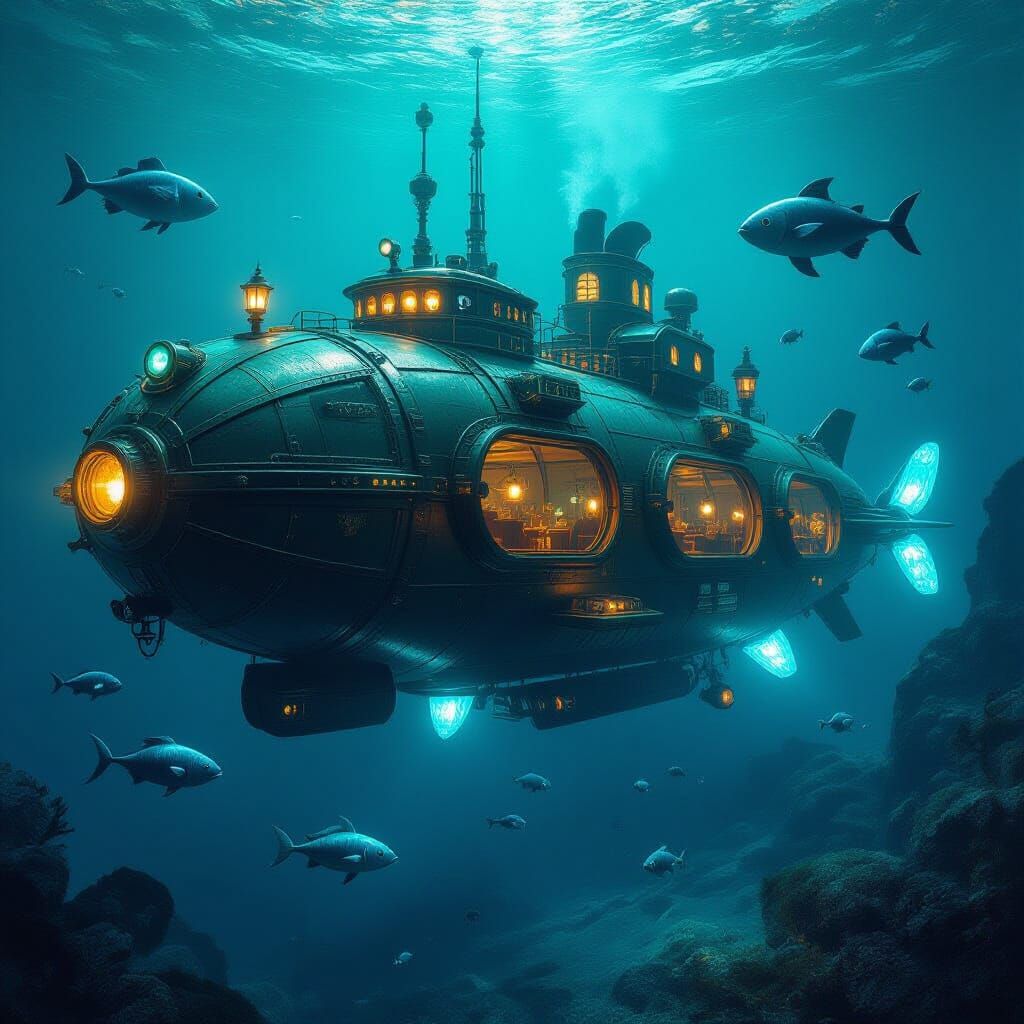 Steampunk Submarine with Bioluminescent Crystals in Deep Oce...