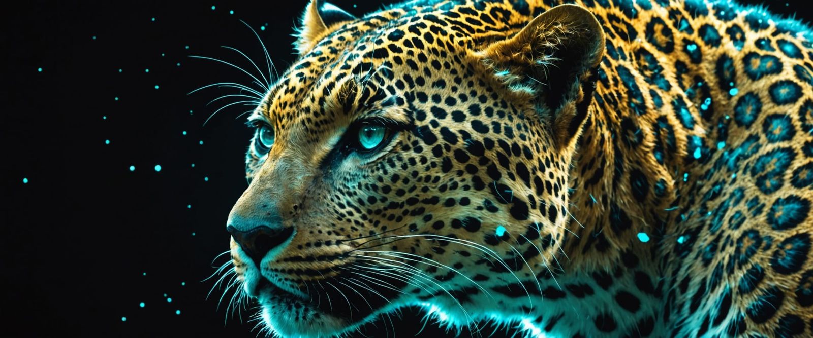 Leopard Dissolving into Glowing Particles in Cyan Fluorescen...