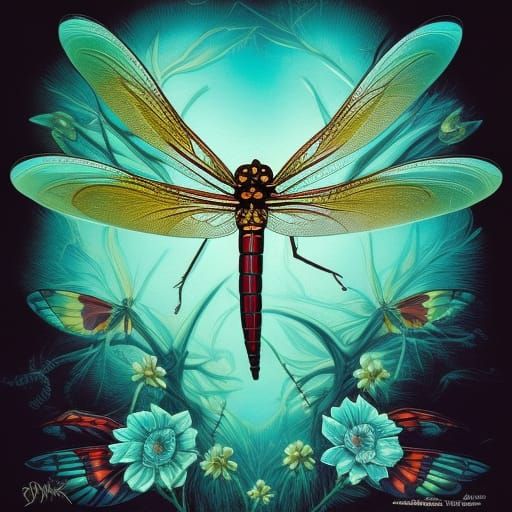 Cyan and Gold Dragonfly on Flower, Comic Book Art