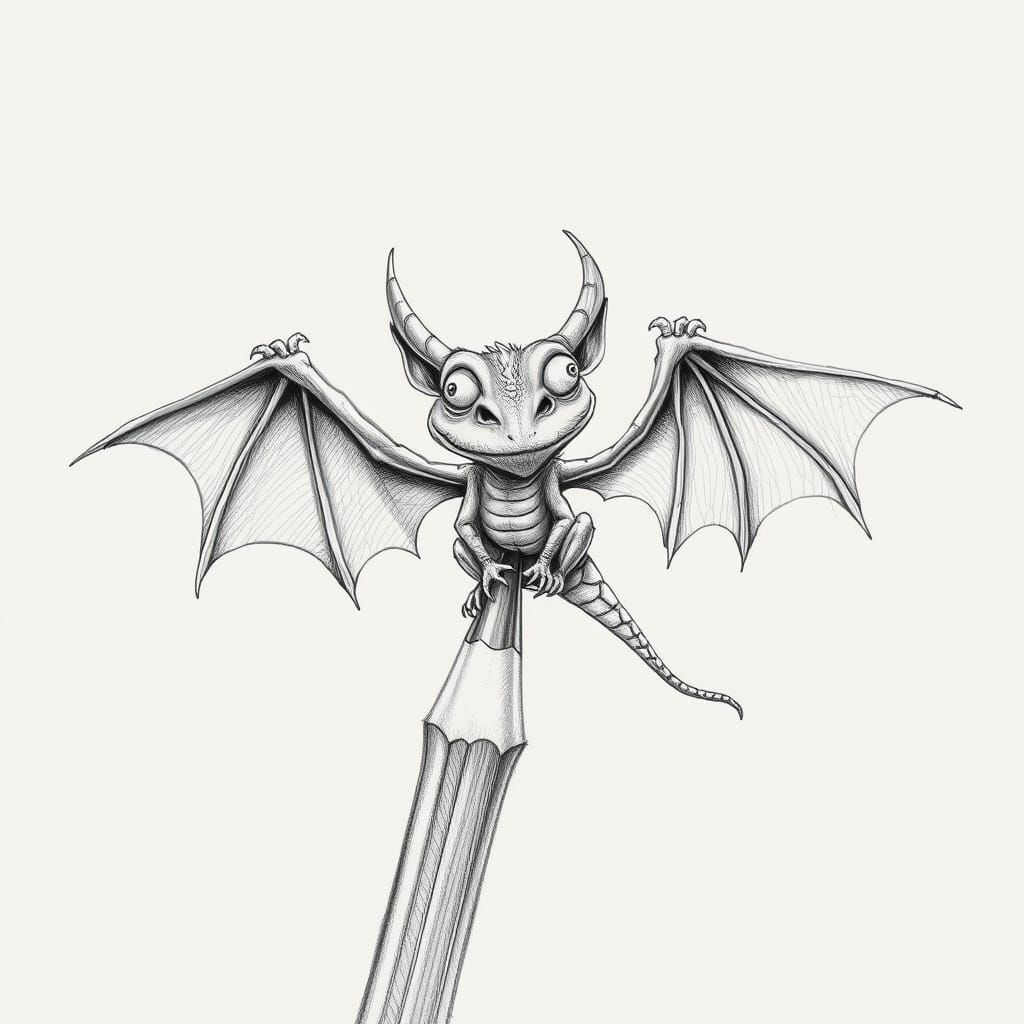 Whimsical Dragon Caricature Perched on Pencil Tip