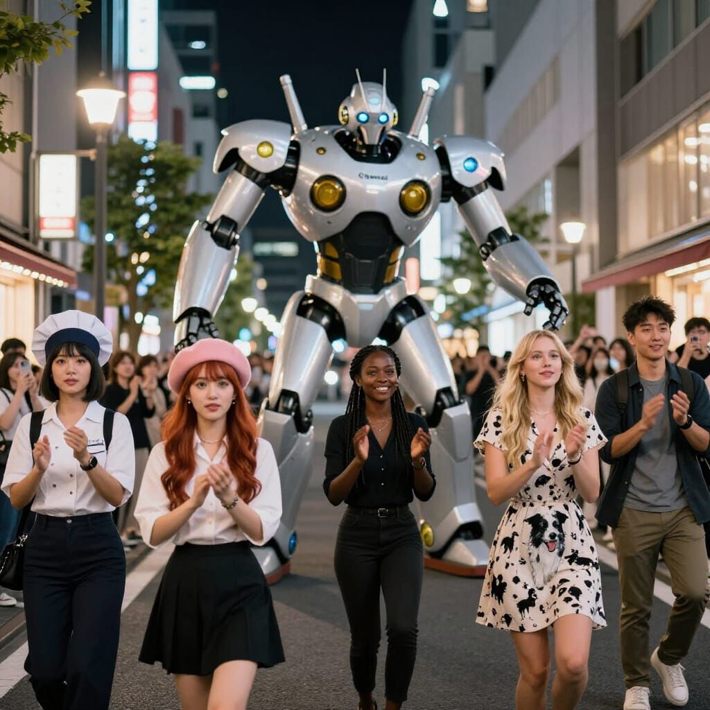Giant Robot Dances Chanel in Tokyo Night