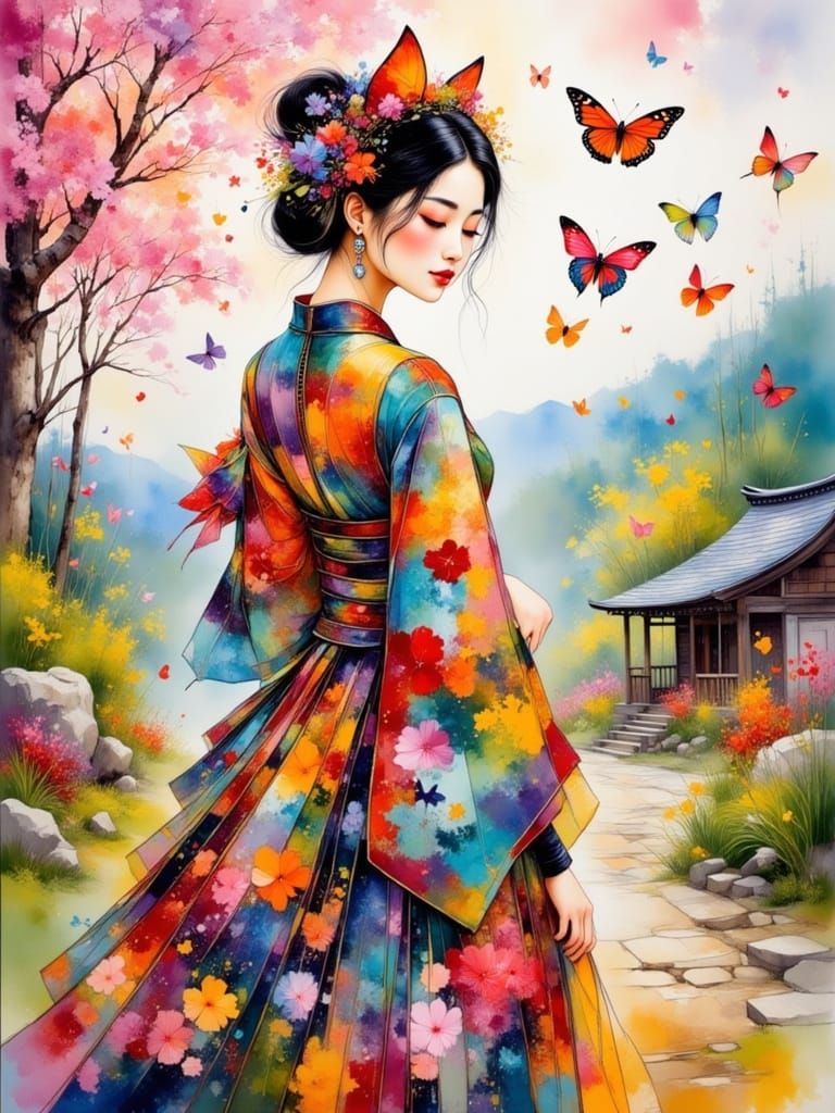 Colorful Japanese Woman in Cat Hat with Butterflies