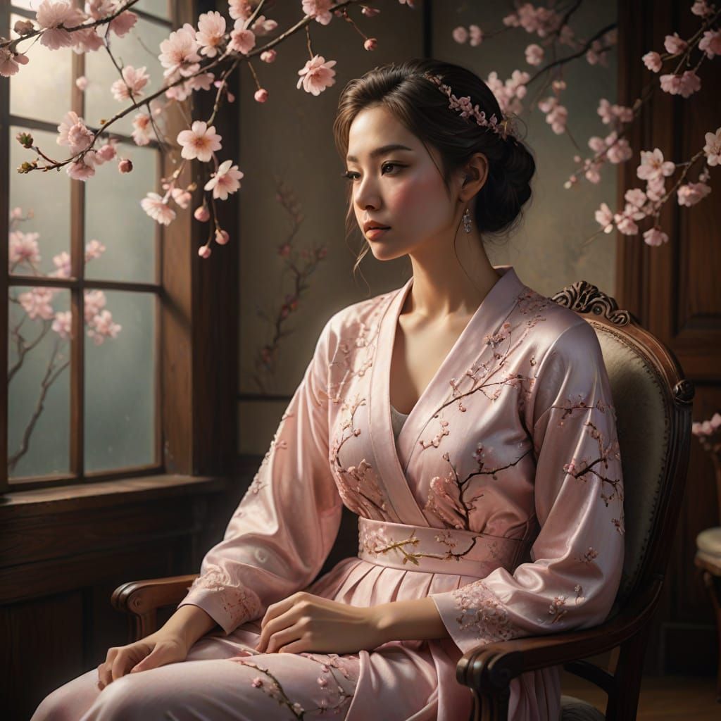 Photorealistic Woman in Misty Room with Cherry Blossoms