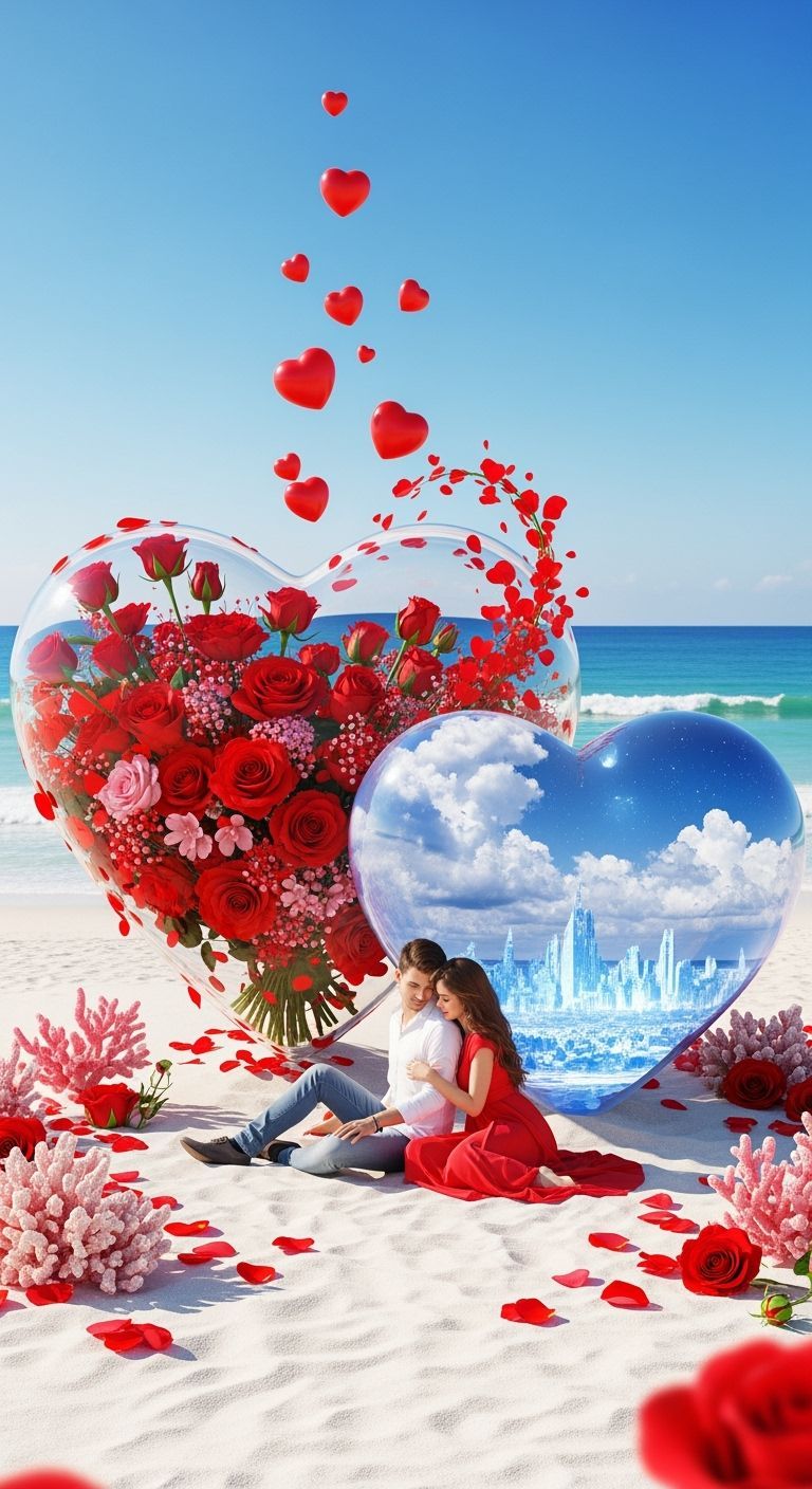 Romantic Beach Scene with Heart Sculptures in Fantasy Style