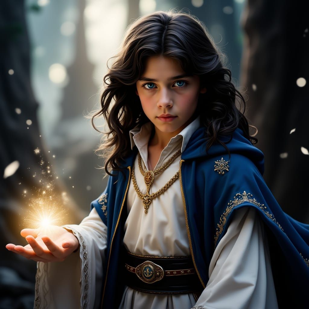 Young Mage with Ethereal Light, Amano-Inspired Art