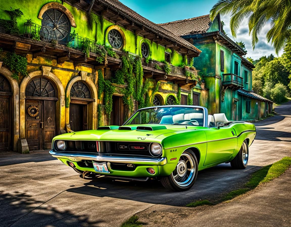 Steampunk Plymouth Cuda in Lime Green: Digital Art