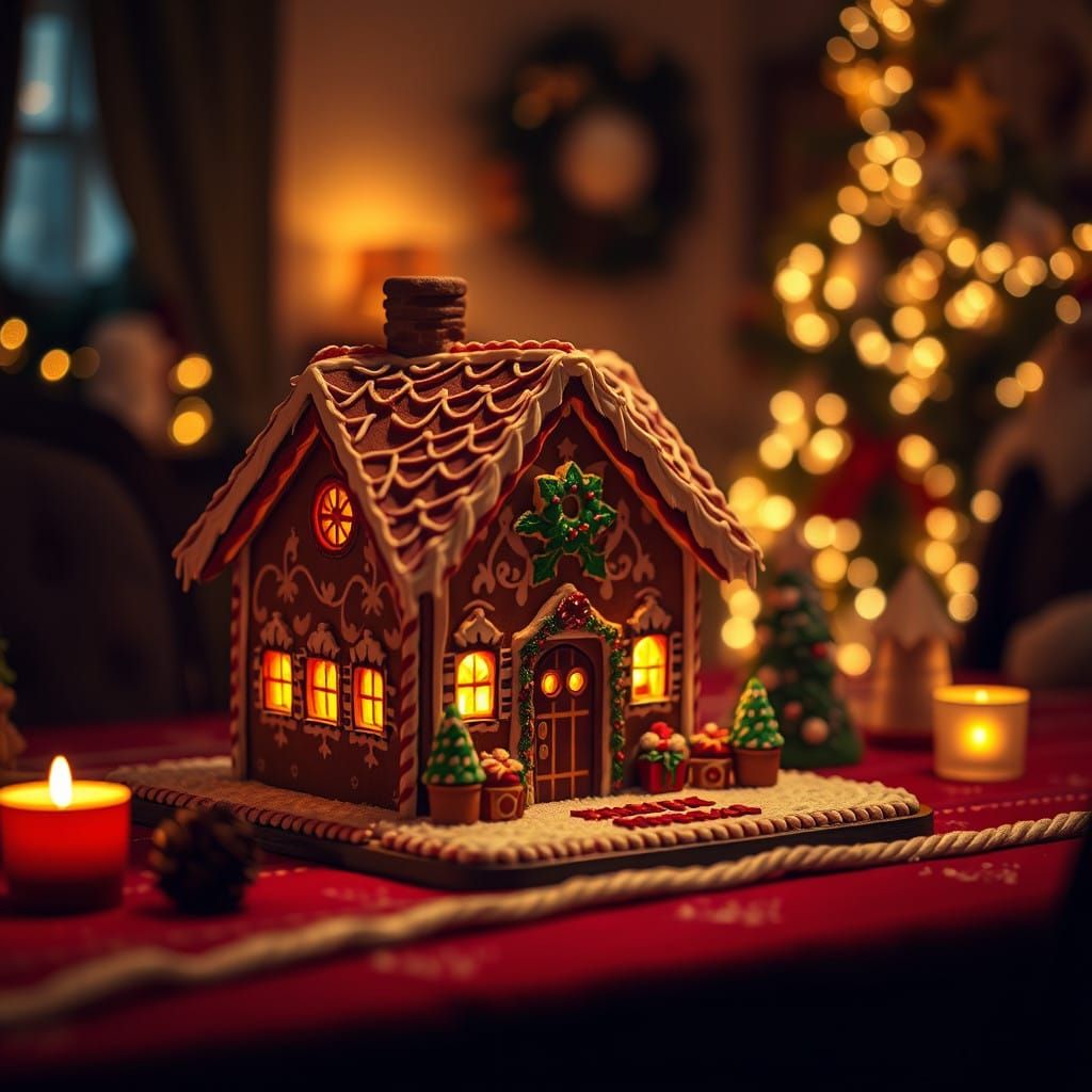 Gingerbread House Aglow with Father Christmas