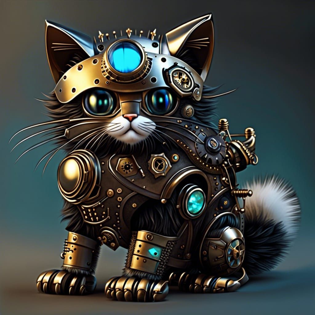 Steampunk Ninja Robot Cat with Fangs