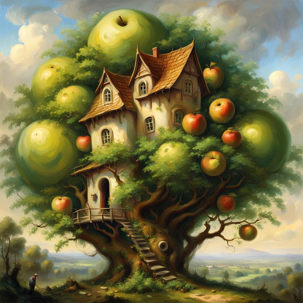 Enchanted Apple Treehouse Home for Elves: Oil Painting