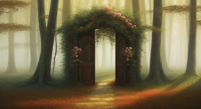 Enchanted Forest Tree with Open Door to Rose Garden