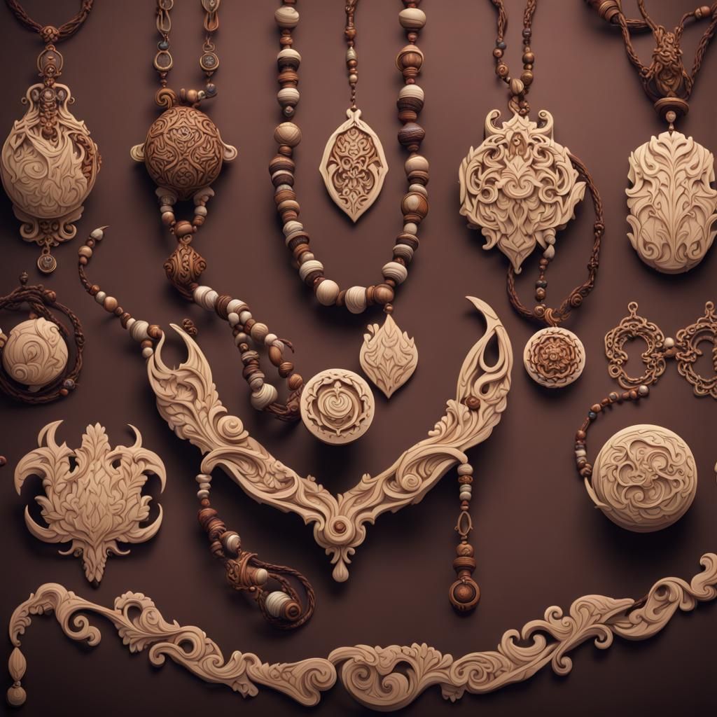 Detailed Carved Wooden and Ivory Necklaces