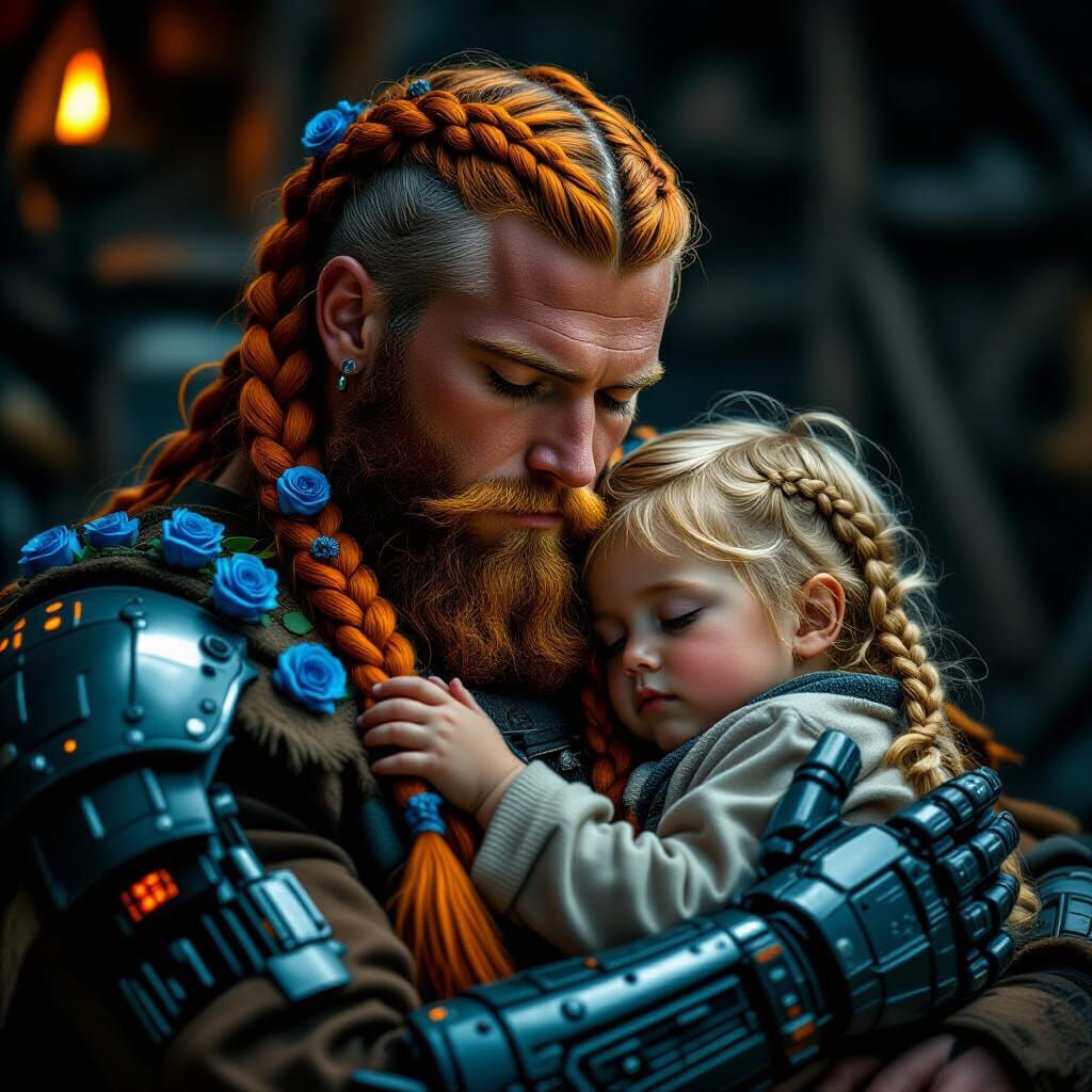 Viking Father and Son in Cyberpunk Style
