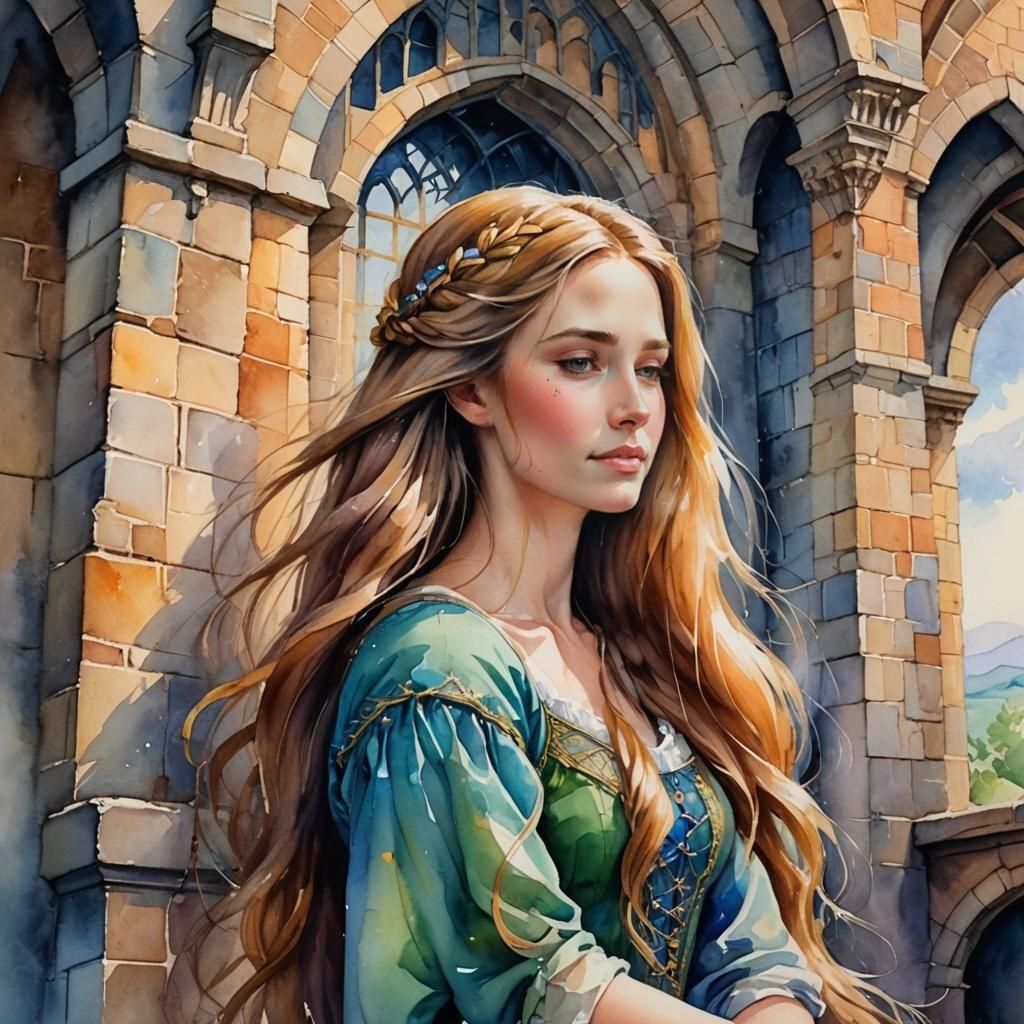 Fairytale Woman with Long Hair in Tower