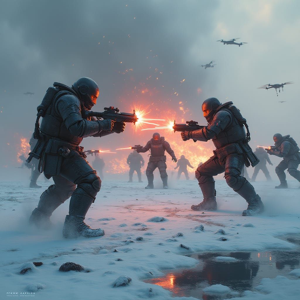 Futuristic Battlefield: Armored Warriors Clash in Icy Wastel...