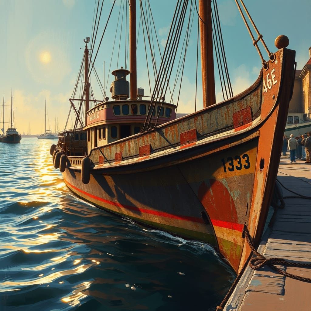 Fishing Boat at Port: Vibrant Oil Painting