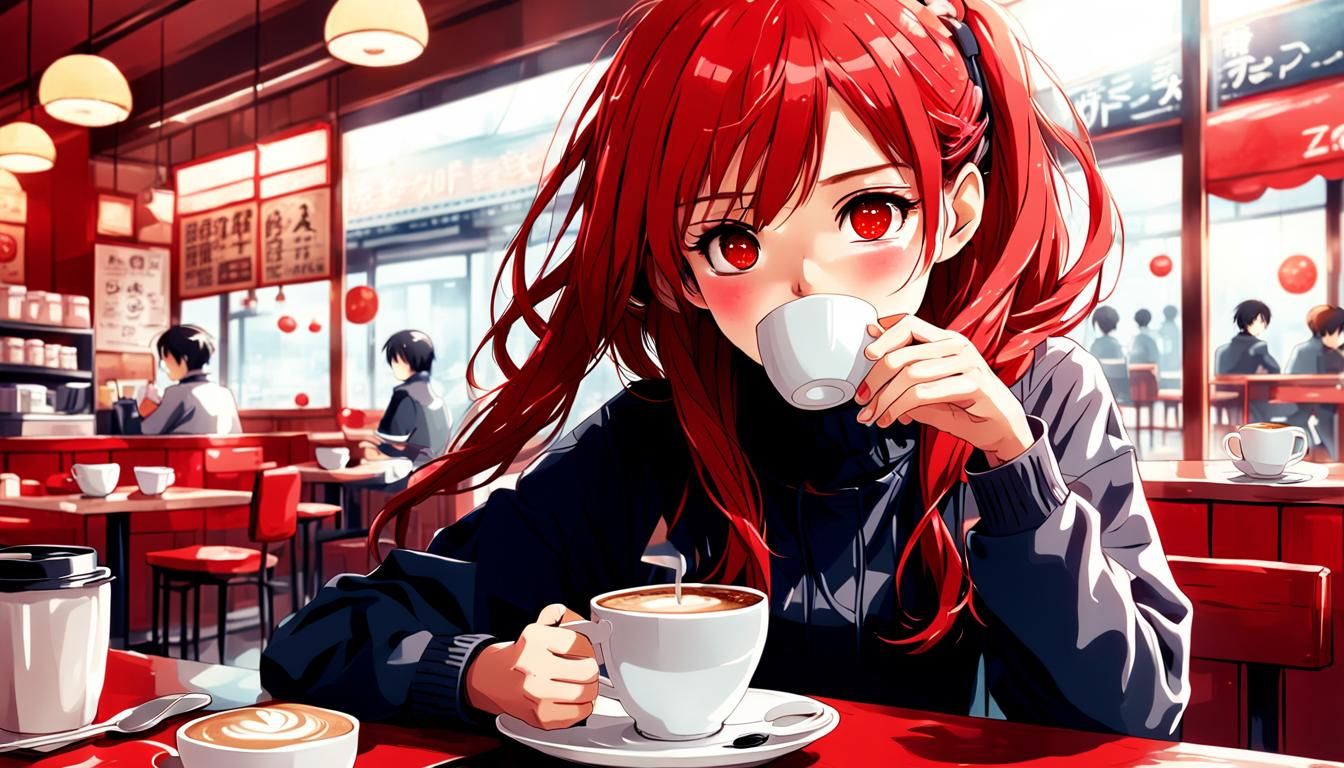 Anime Style: Woman Drinking Coffee