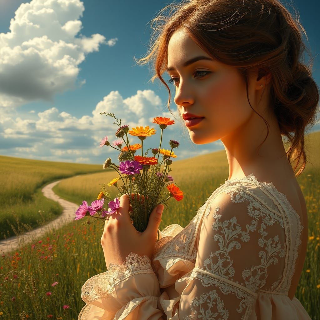 Woman in Gown with Wildflowers, Rembrandt Lighting