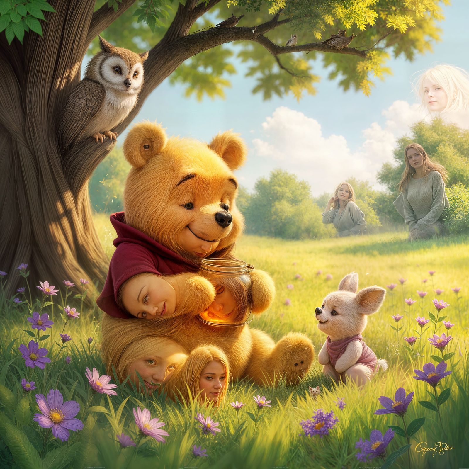 Winnie the Pooh & Piglet with Owl in Floral Field