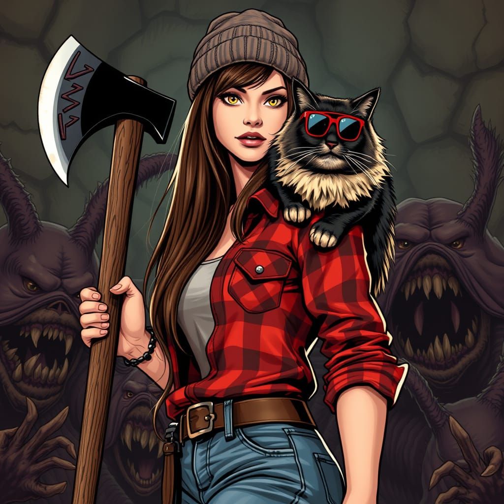 Dungeon Crawler with Cat in Comic Book Style