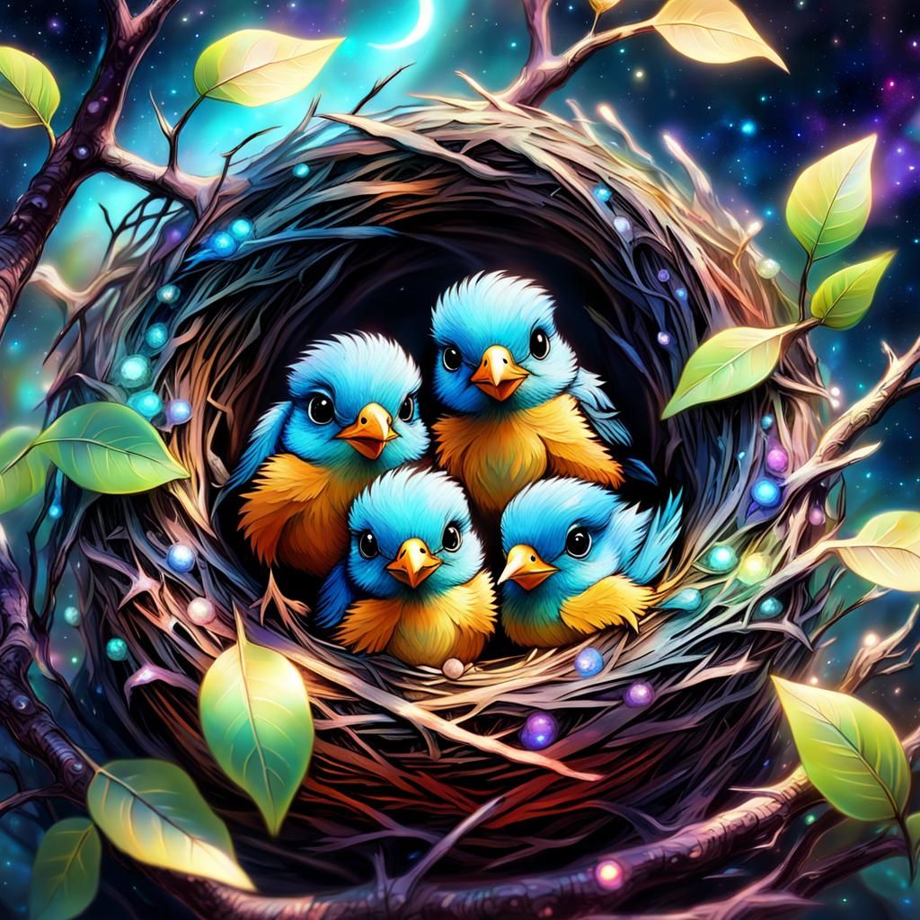 Cute Baby Birds in Nest: Cosmic Illustration