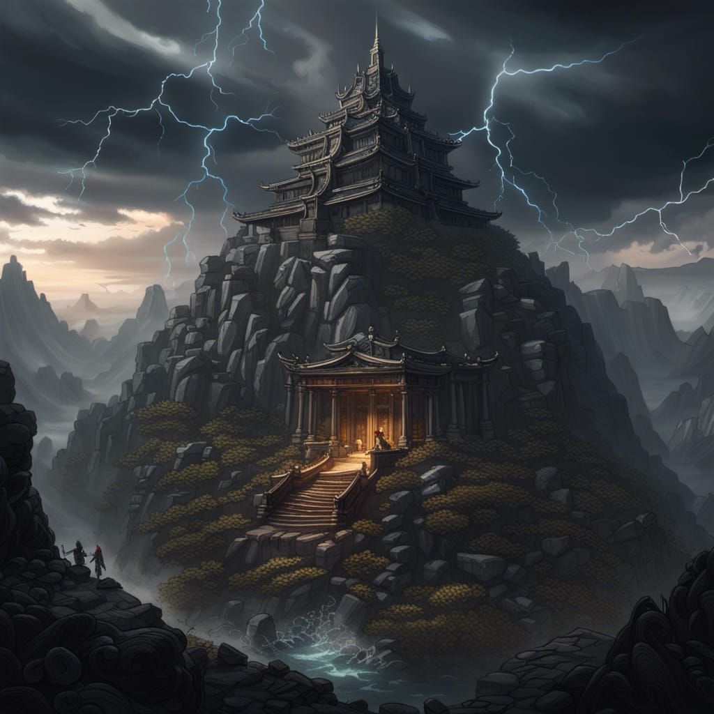 Stormy Mountain Temple: Dark Fantasy Concept Art