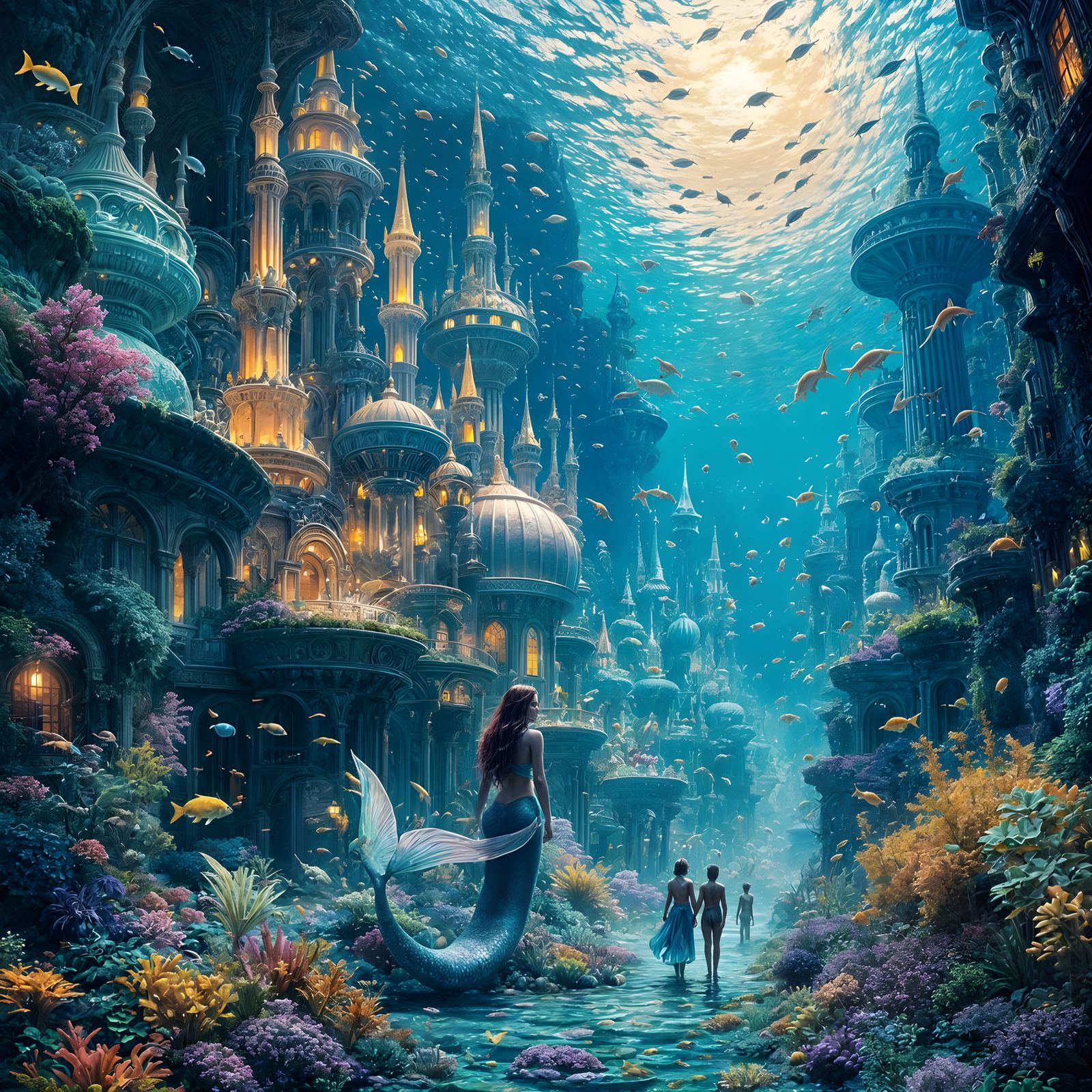 Mermaids and Mermen in Vibrant Underwater Metropolis