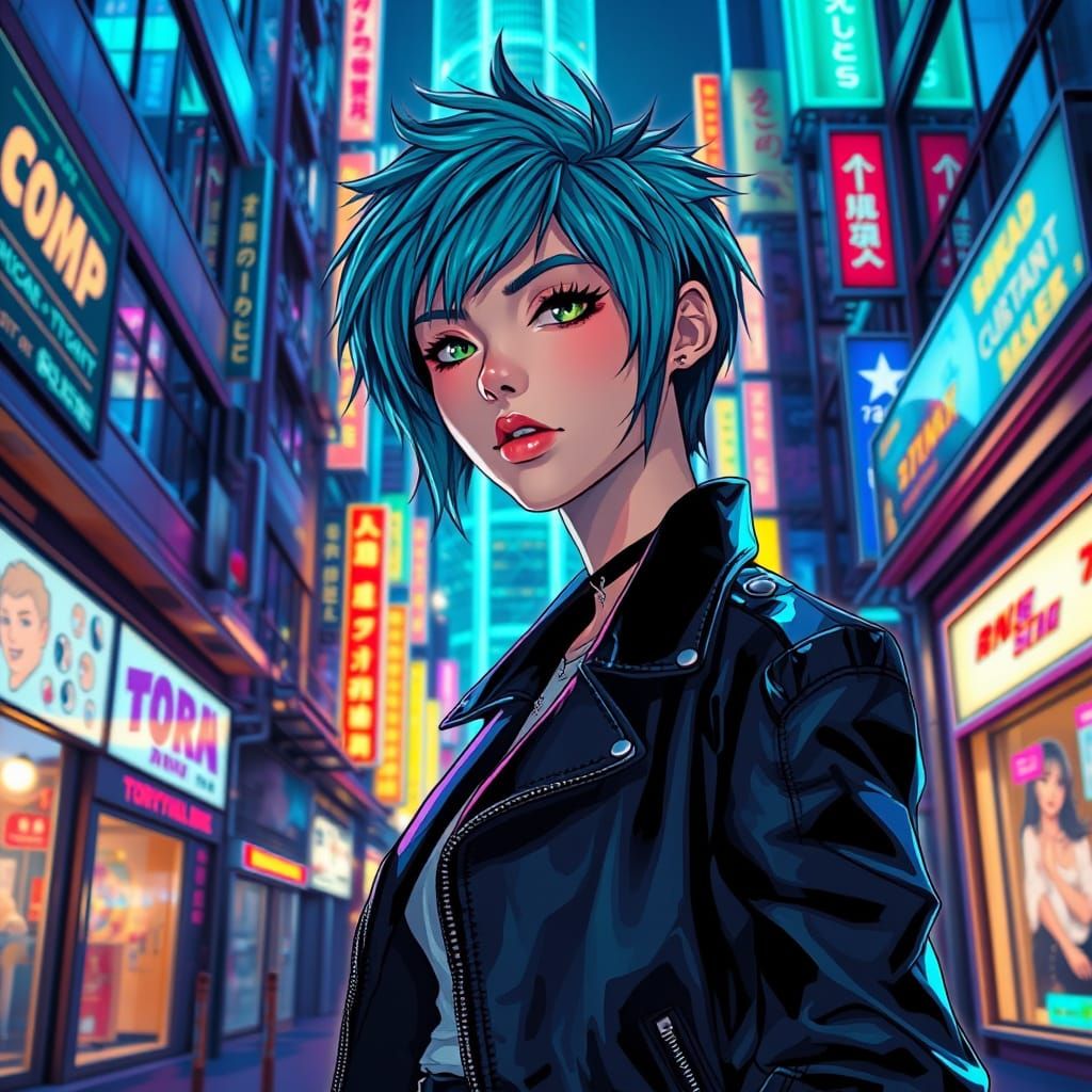 Cyberpunk Woman in Tokyo Alleyway with Neon Lights