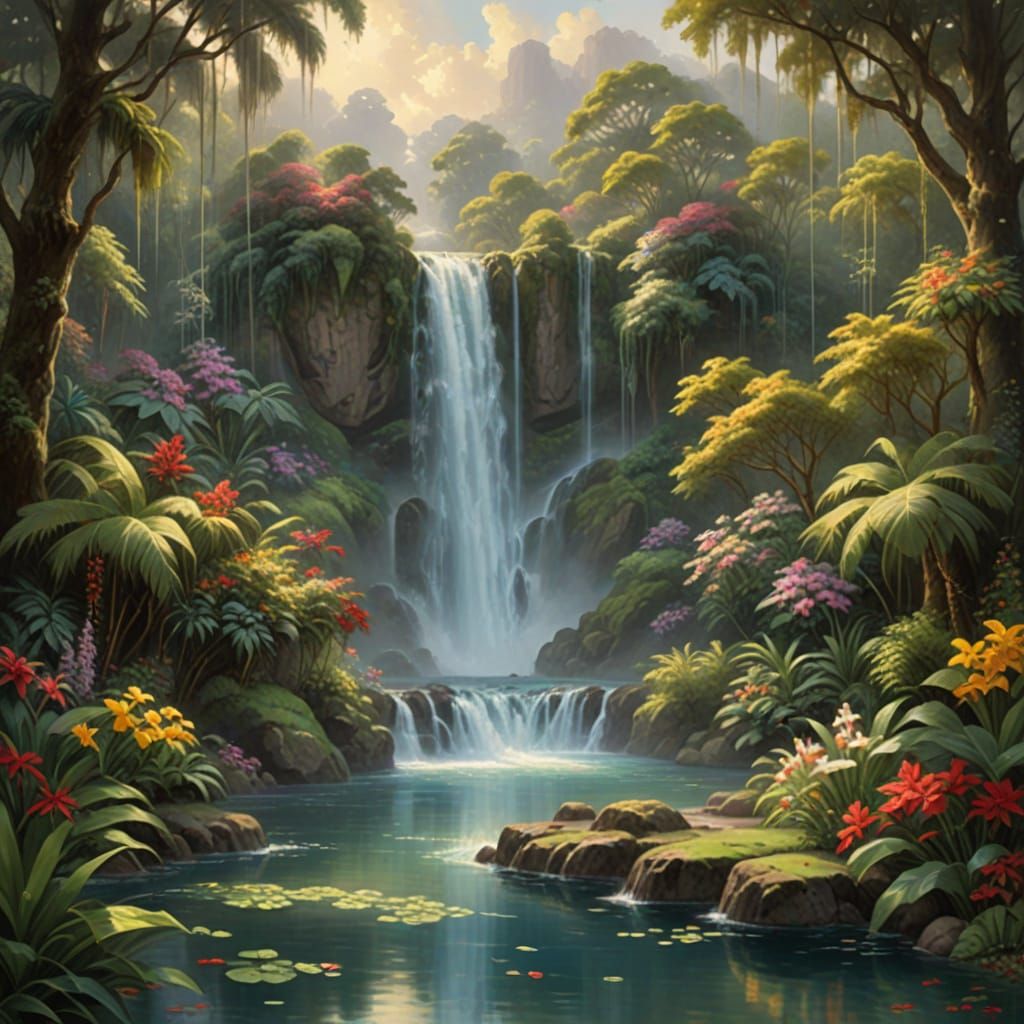 Warm Luminous Waterfall Scene in Tropical Paradise