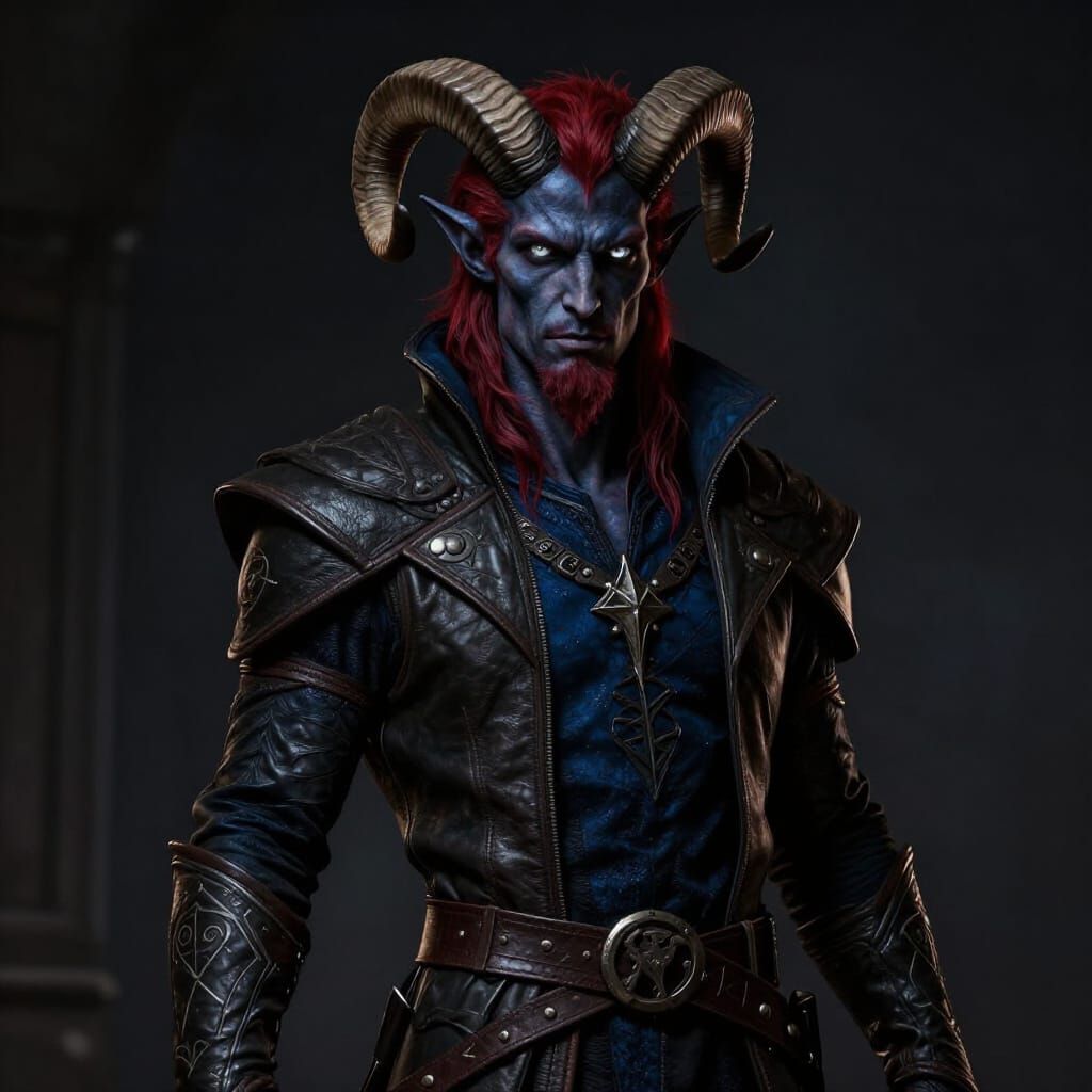 Male Tiefling Warlock Rogue in Dark Fantasy Style