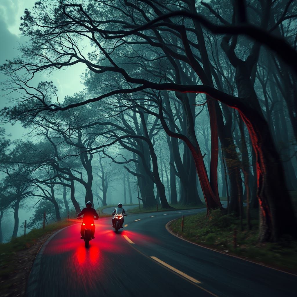 Mysterious Bikers Speed Down a Winding Forest Road in a Futu...
