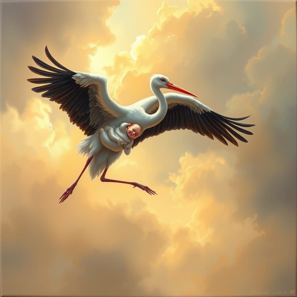 Ethereal Stork Descends with Baby in Golden Light, Impressio...