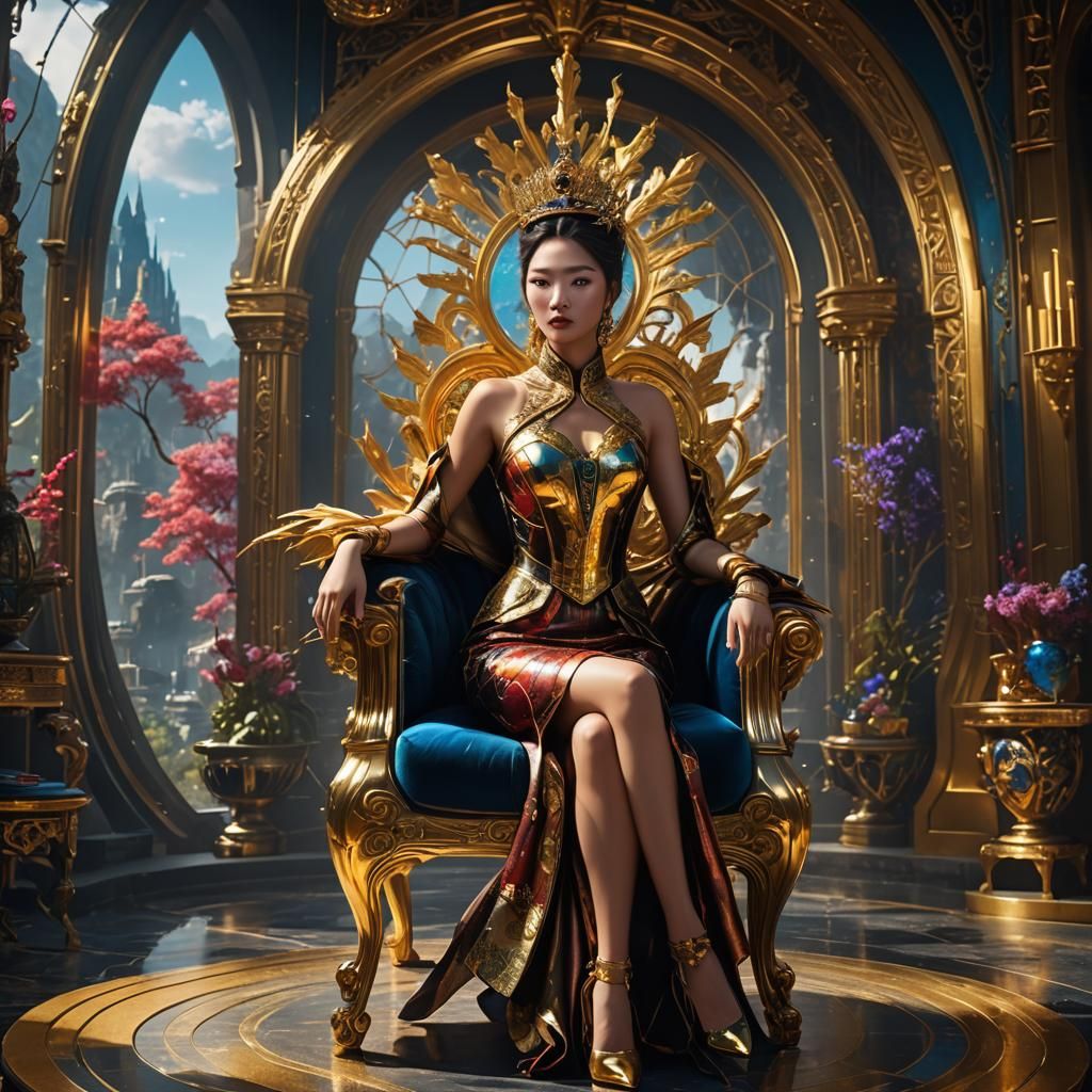 Futuristic Asian Beauty in Glass Castle, Digital Art