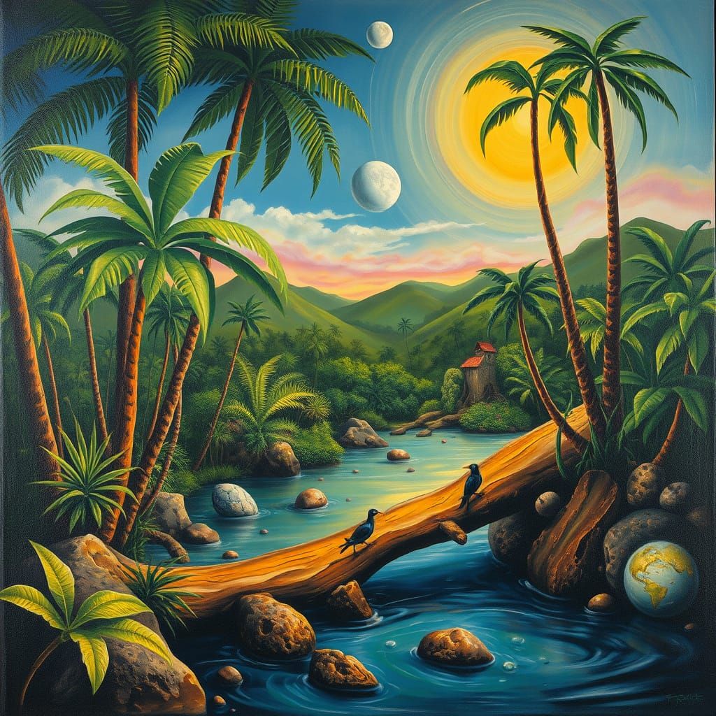 Surreal Tropical Oasis in Dreamlike Abstraction