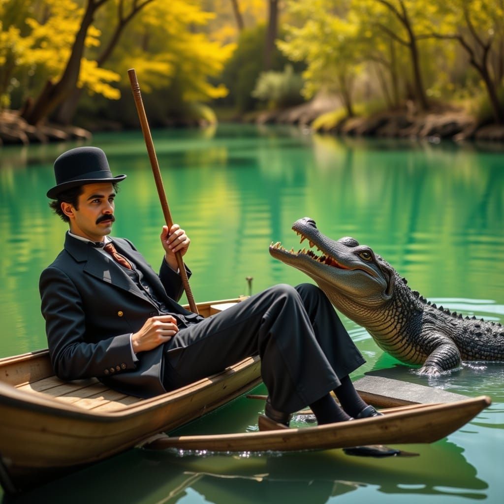 Charlie Chaplin lounging on a Dingy by a Gator