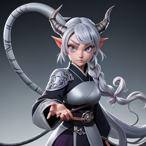 Tiefling Ranger with Silver Hair in Anime Style