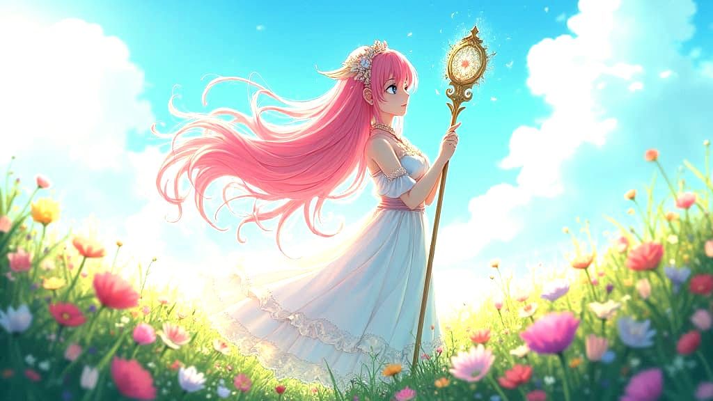 Magical Girl in Flower Field, Studio Ghibli Style
